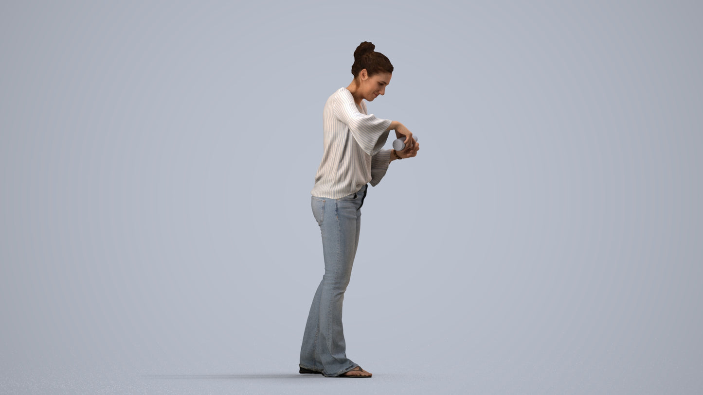 3D scanned woman standing casual, photorealistic archviz people for Enscape and SketchUp, side view render
