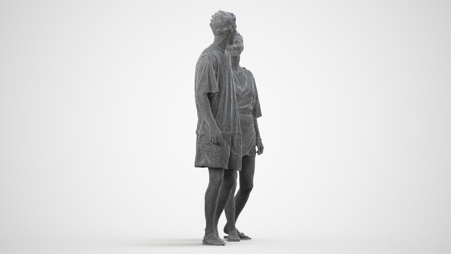 realistic 3D woman casual couple, scanned archviz people for Blender and 3ds Max, wireframe side view