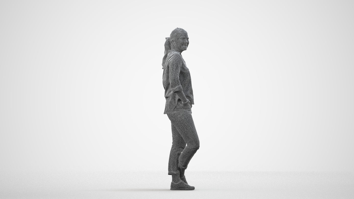 3D scanned woman standing casual, photorealistic archviz people for Enscape and SketchUp, wireframe side view