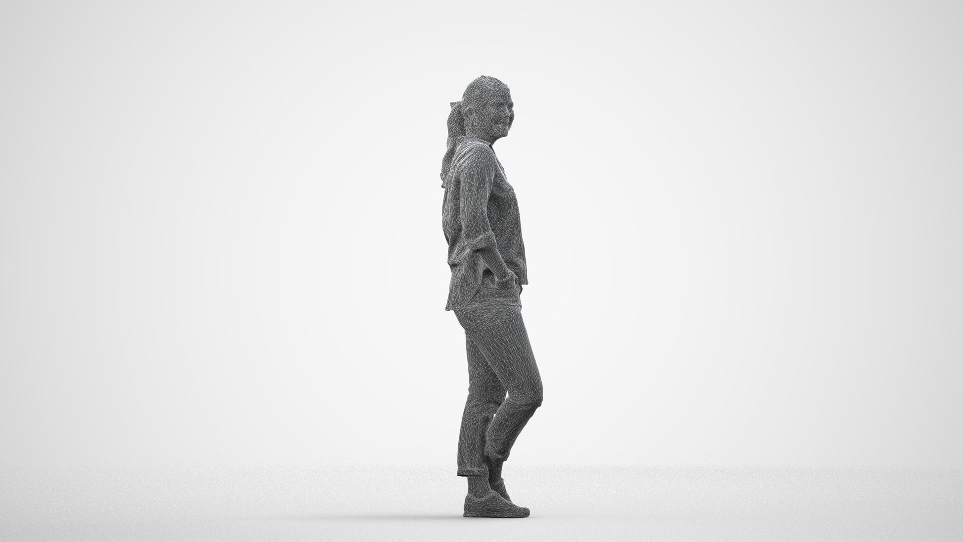 3D scanned woman standing casual, photorealistic archviz people for Enscape and SketchUp, wireframe side view