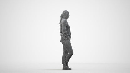 3D scanned woman standing casual, photorealistic archviz people for Enscape and SketchUp, wireframe side view