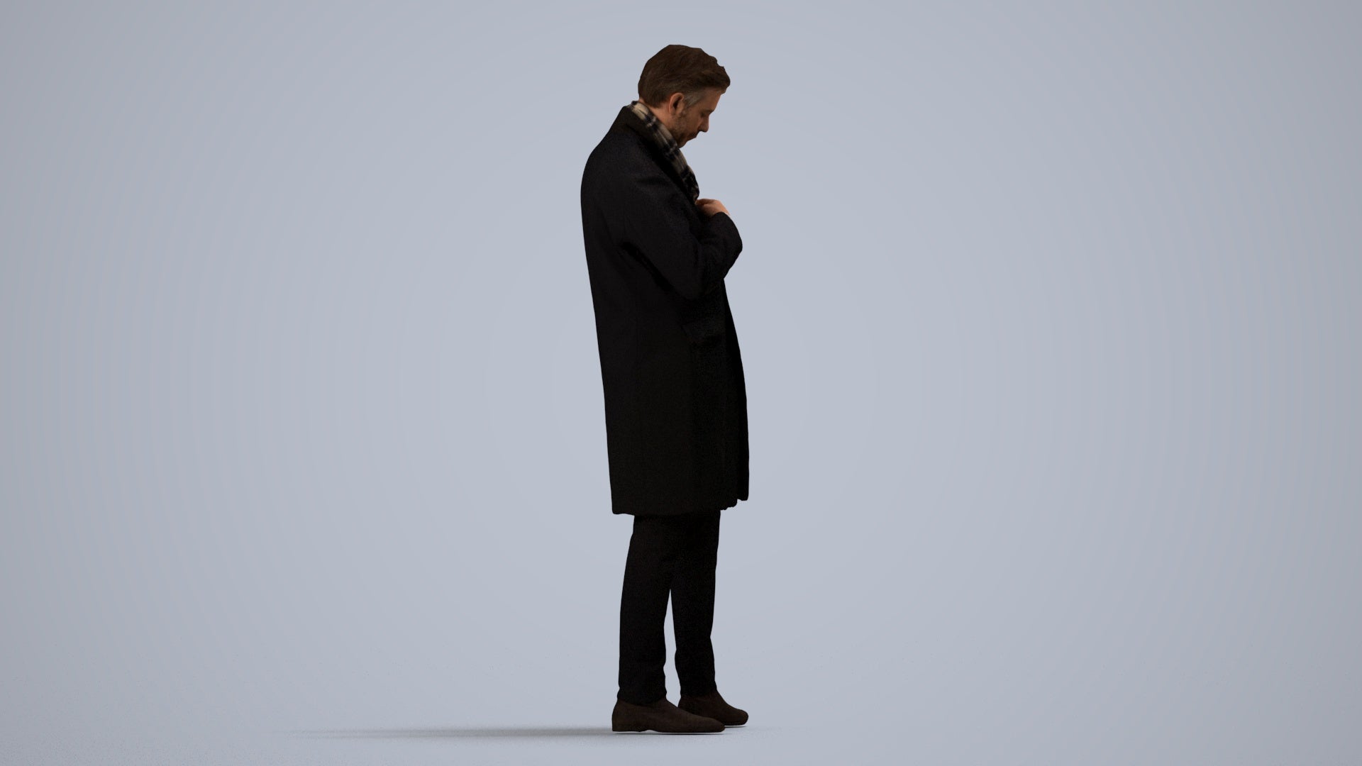 3D human model man standing, photogrammetry scanned person for archviz, side view render