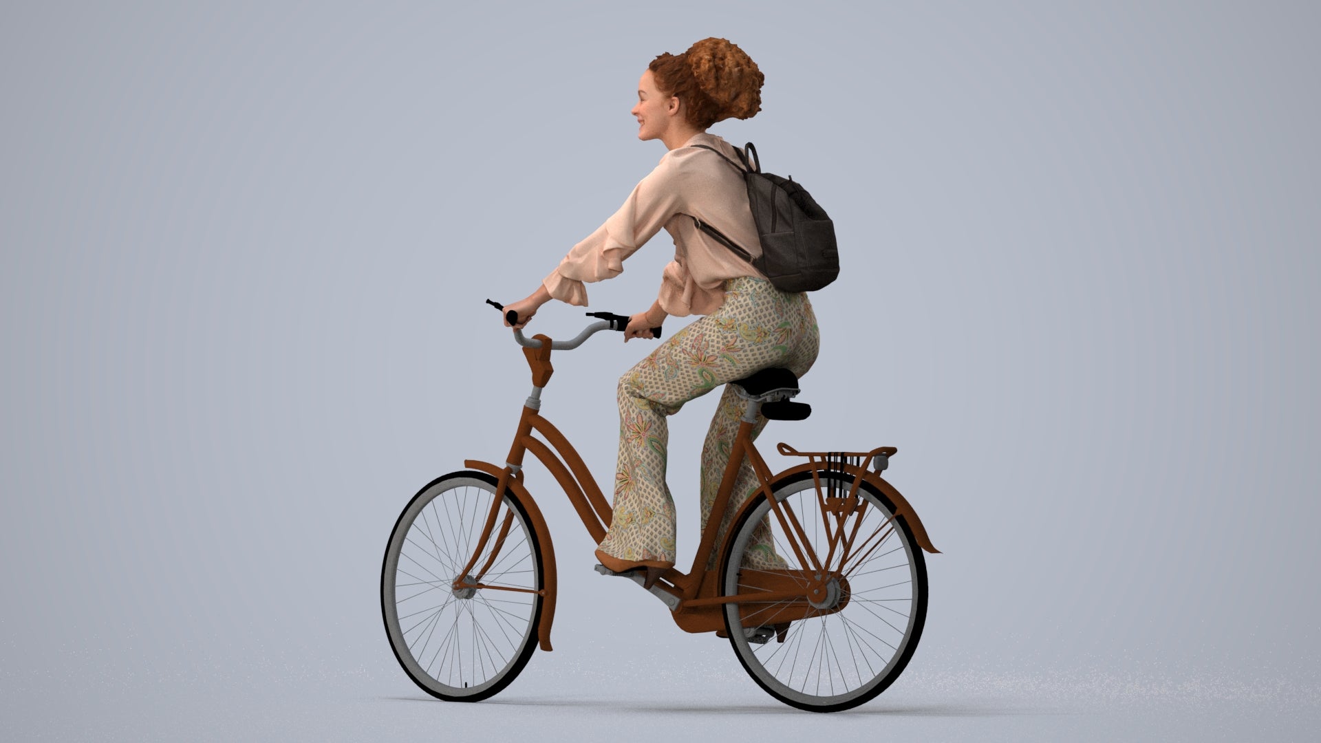 photogrammetry 3D woman casual cycling, realistic human model archviz FBX, three-quarter view render