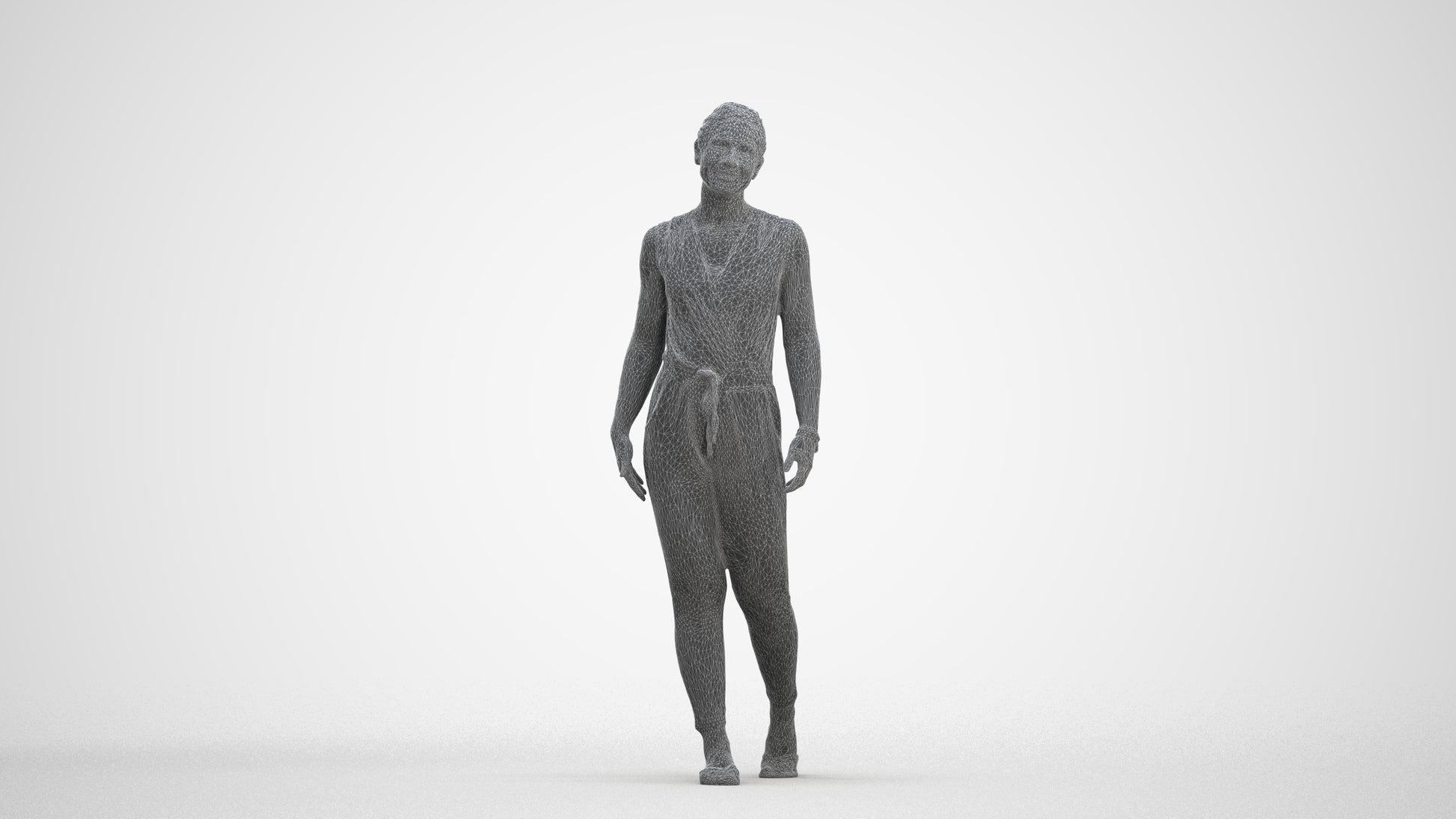 3D human model woman casual walking, photogrammetry scanned person for archviz, three-quarter front view render
