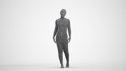 3D human model woman casual walking, photogrammetry scanned person for archviz, three-quarter front view render