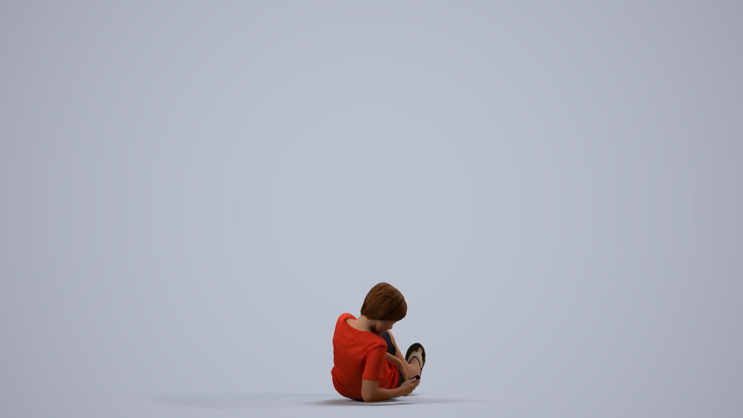 3D human model boy casual kids, photogrammetry scanned person for archviz, side view render