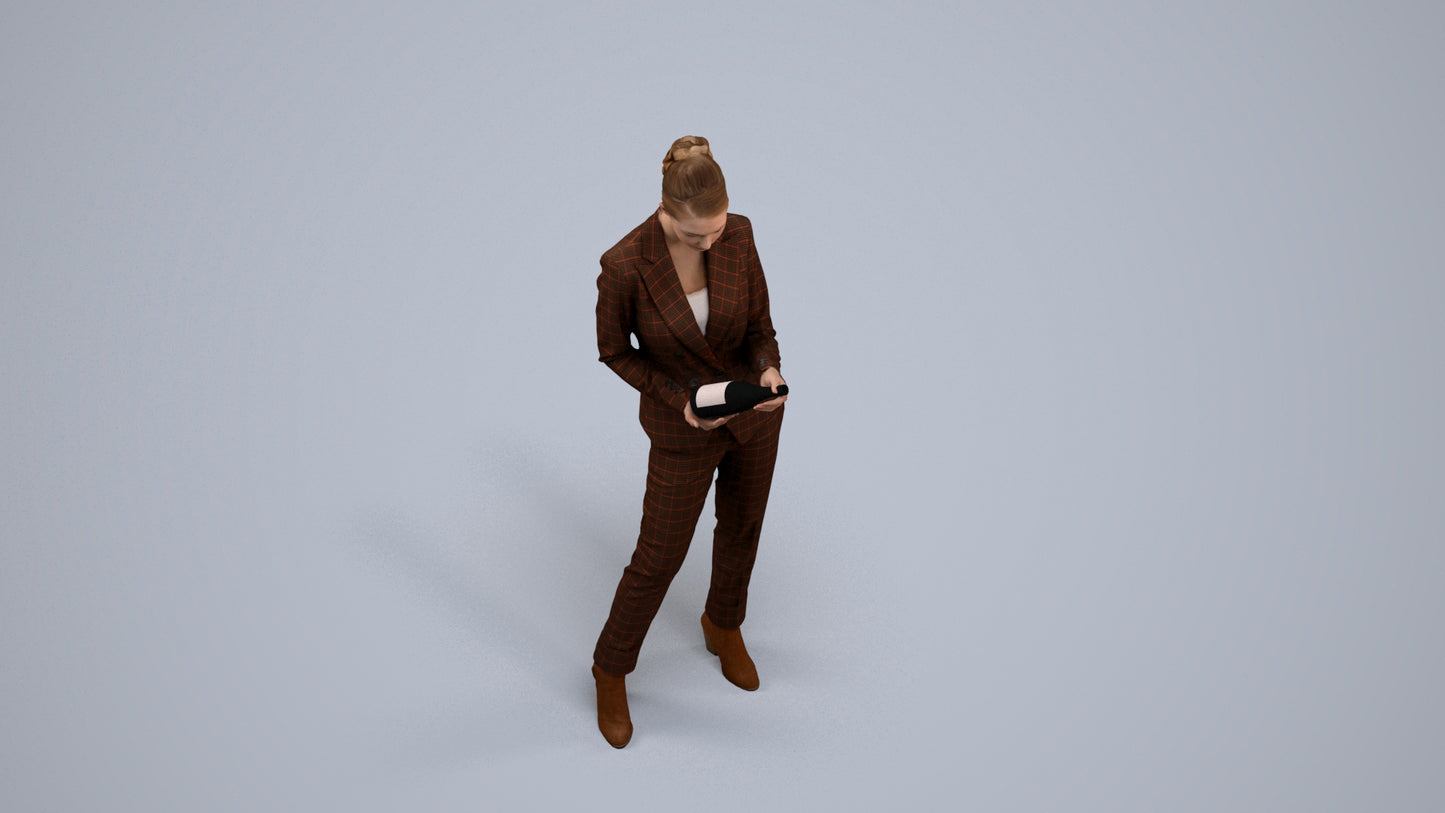 realistic 3D human woman business standing, archviz people FBX OBJ for Blender, back view render