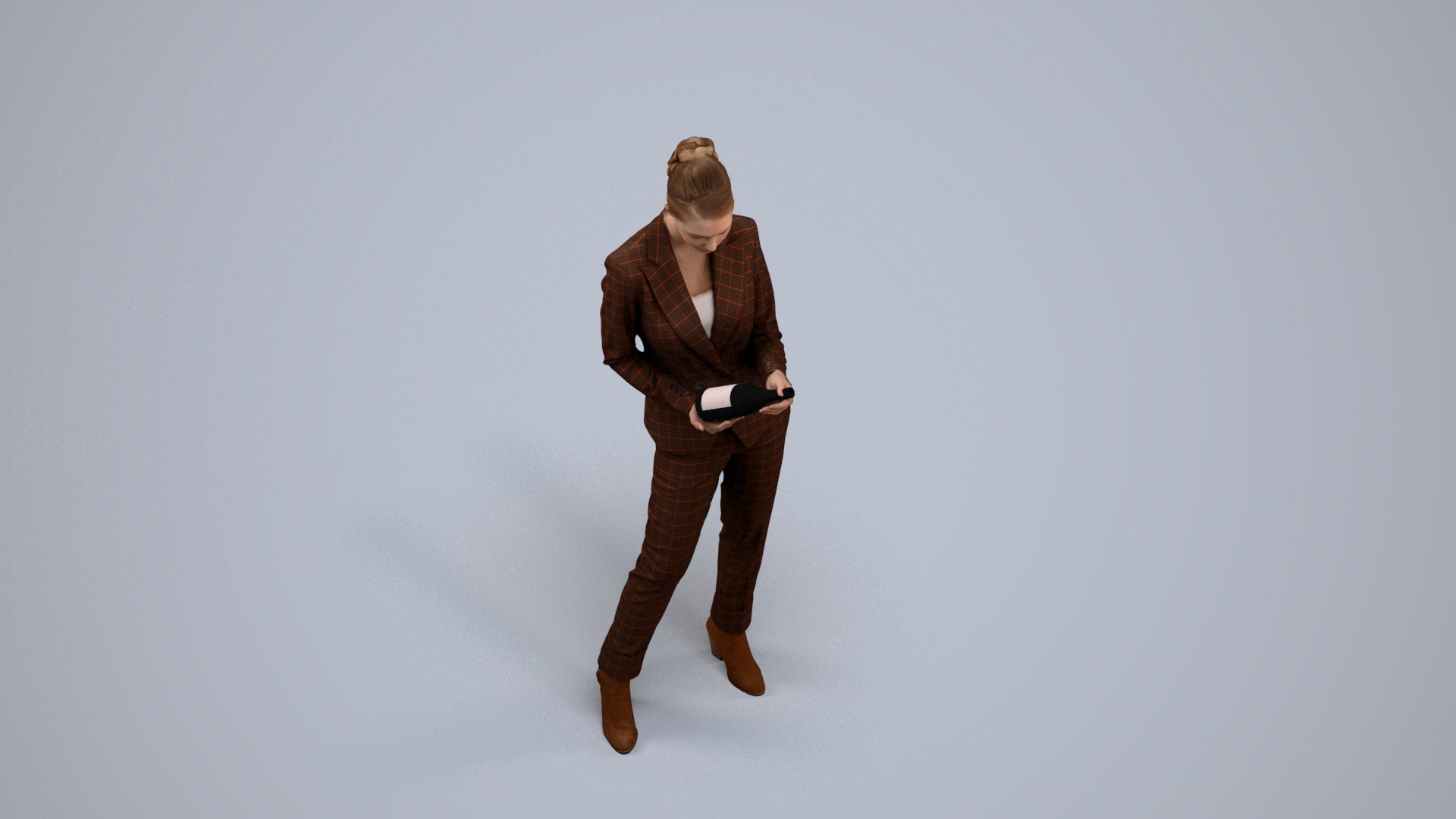 realistic 3D human woman business standing, archviz people FBX OBJ for Blender, back view render
