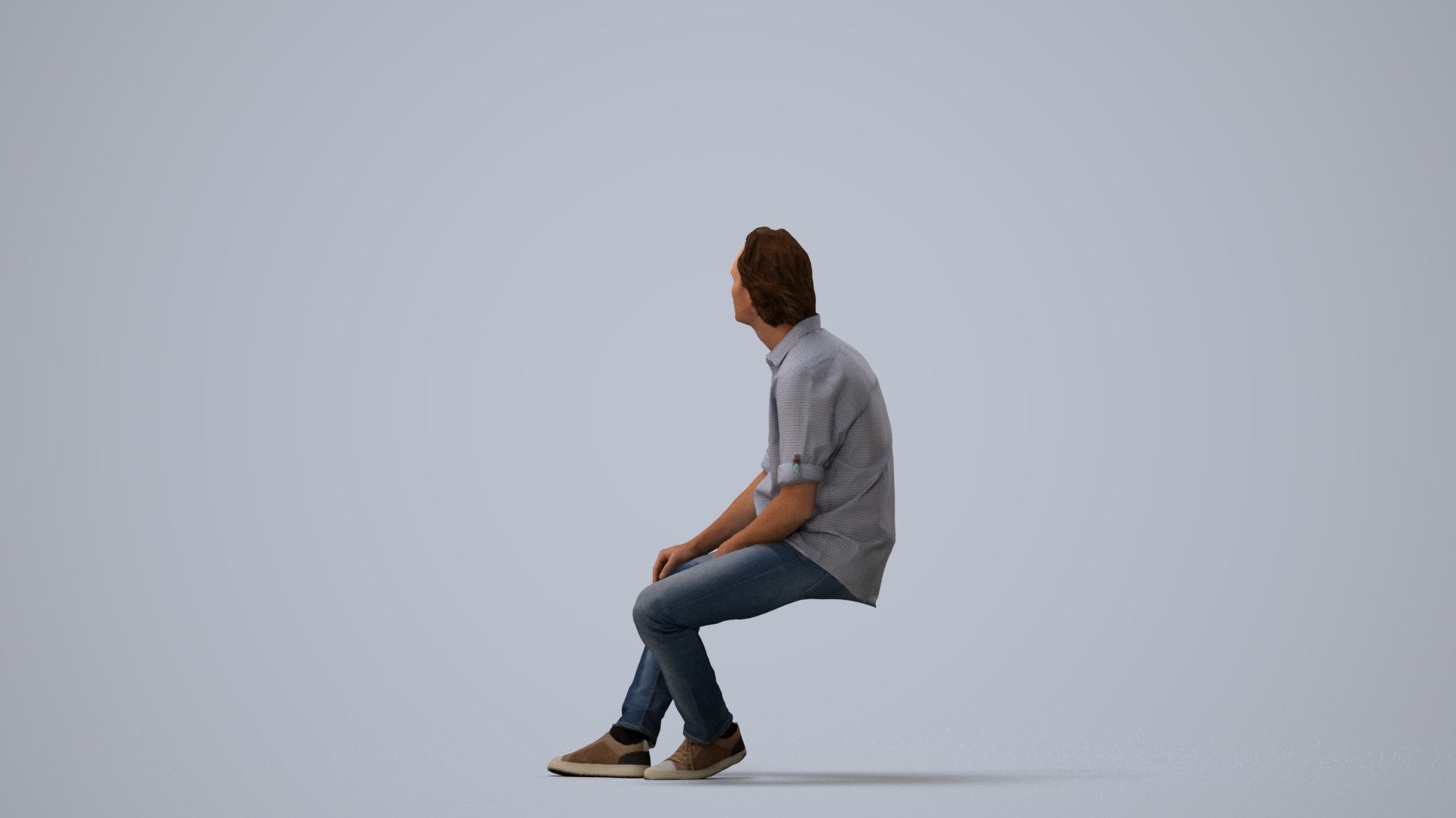 3D scanned man sitting casual, photorealistic archviz people for Enscape and SketchUp, three-quarter view render