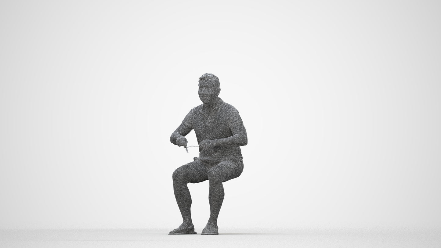 3D scanned man sitting casual, photorealistic archviz people for Enscape and SketchUp, wireframe back view