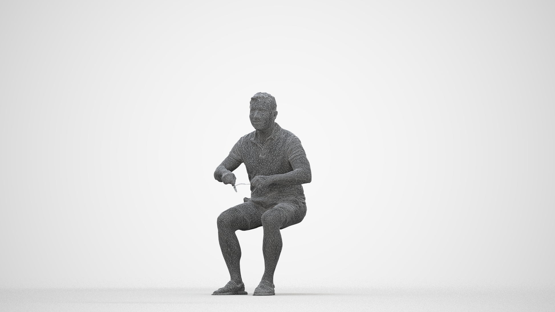 3D scanned man sitting casual, photorealistic archviz people for Enscape and SketchUp, wireframe back view