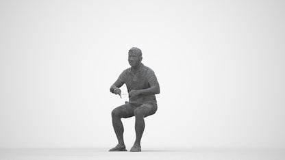 3D scanned man sitting casual, photorealistic archviz people for Enscape and SketchUp, wireframe back view