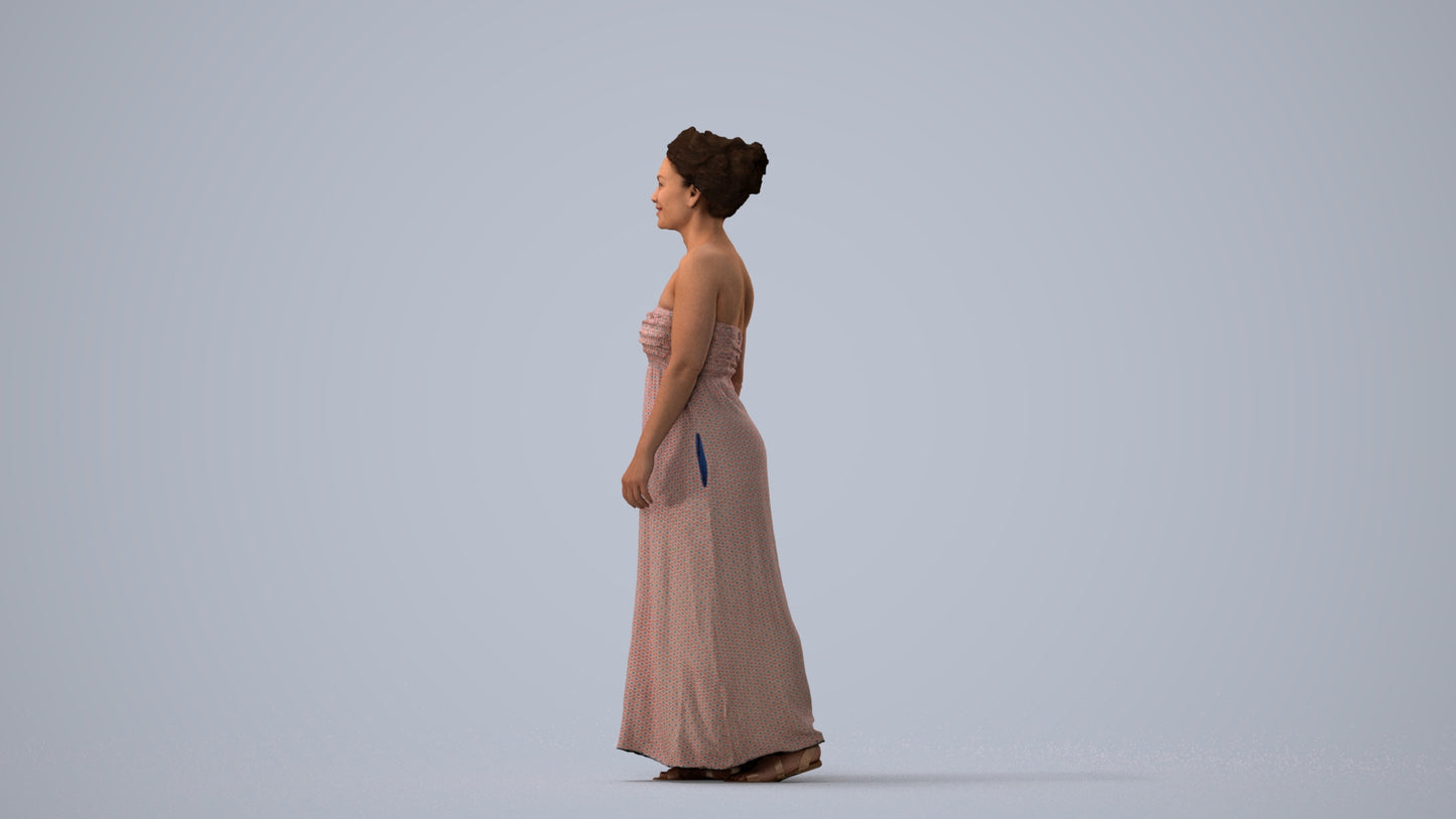 3D human model woman casual standing, photogrammetry scanned person for archviz, three-quarter view render