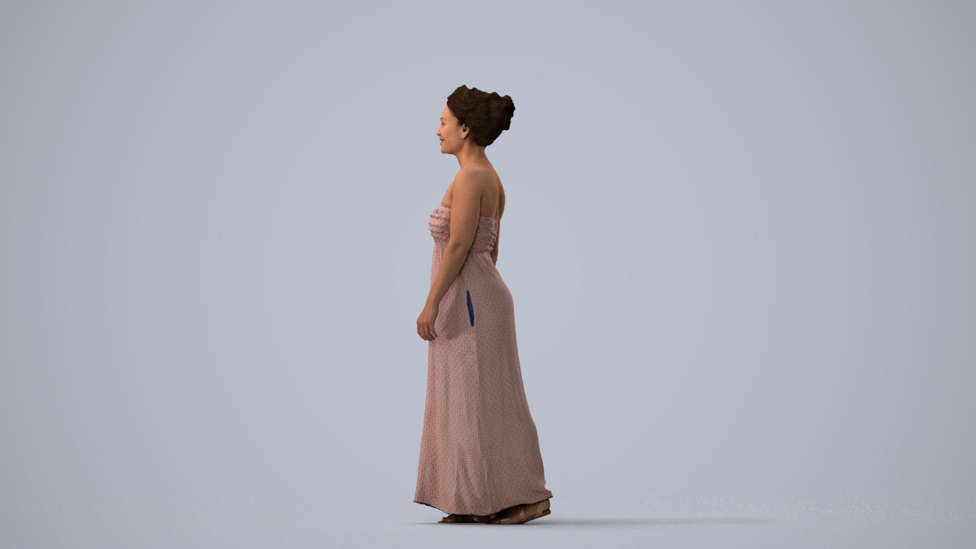 3D human model woman casual standing, photogrammetry scanned person for archviz, three-quarter view render