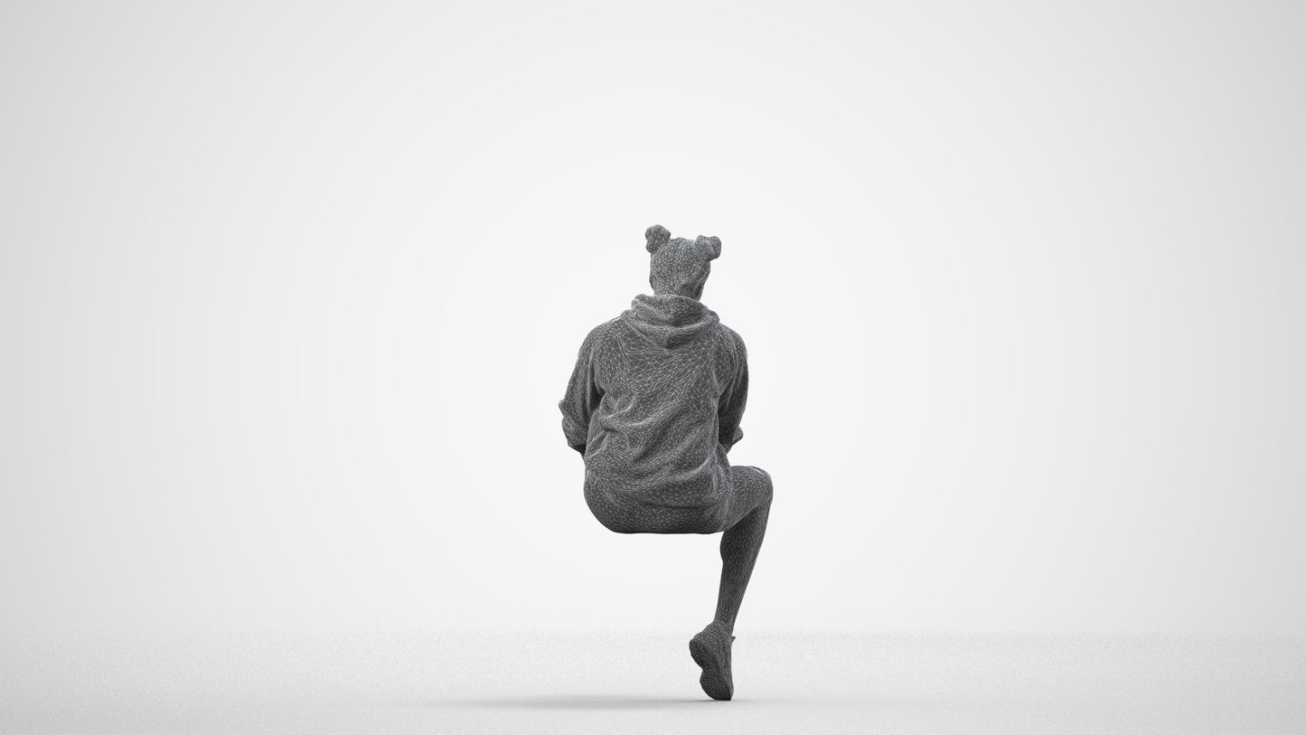 3D people model woman casual sitting, scanned human for 3ds Max rendering, wireframe side view