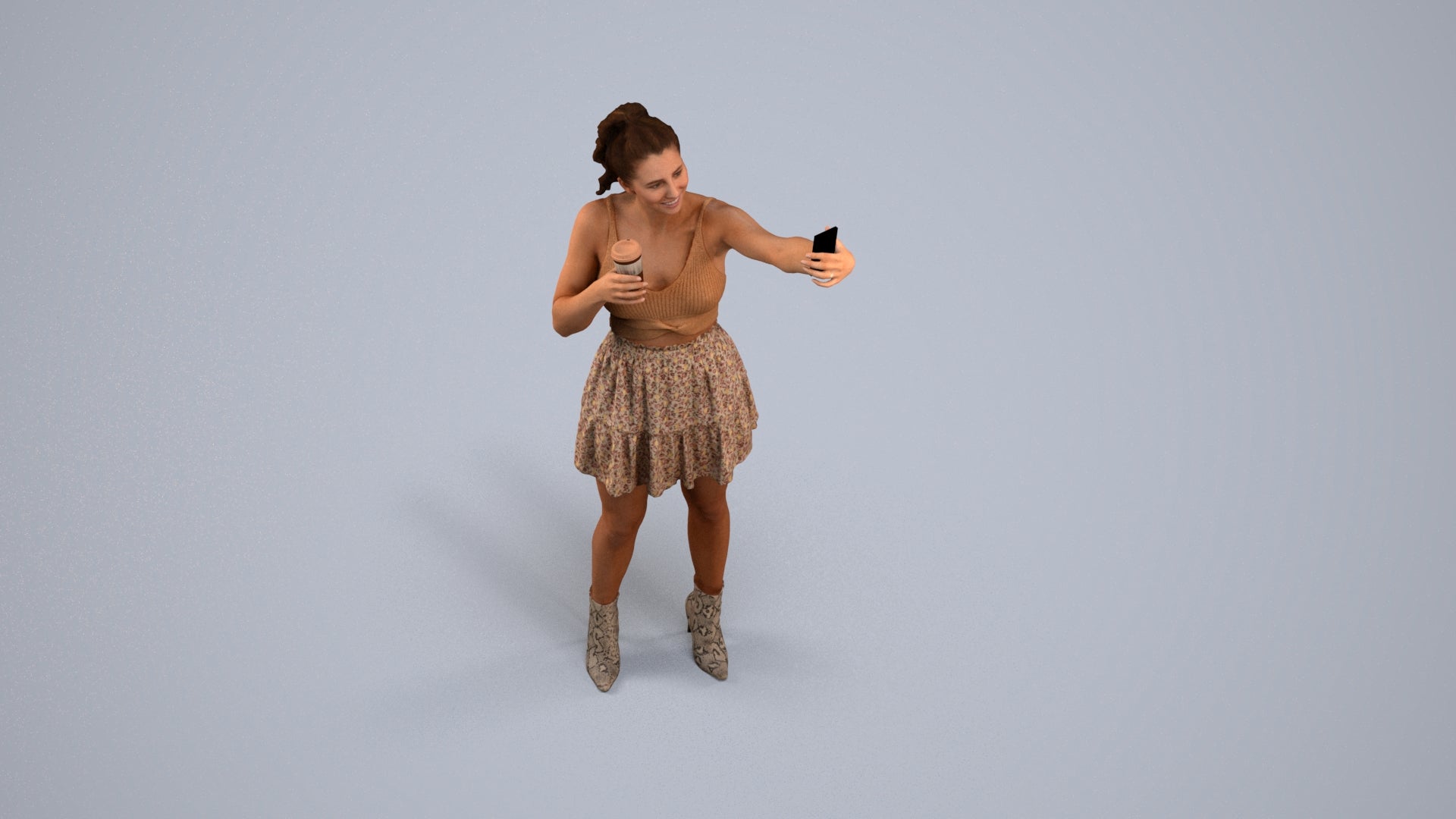 3D human model woman casual standing, photogrammetry scanned person for archviz, back view render