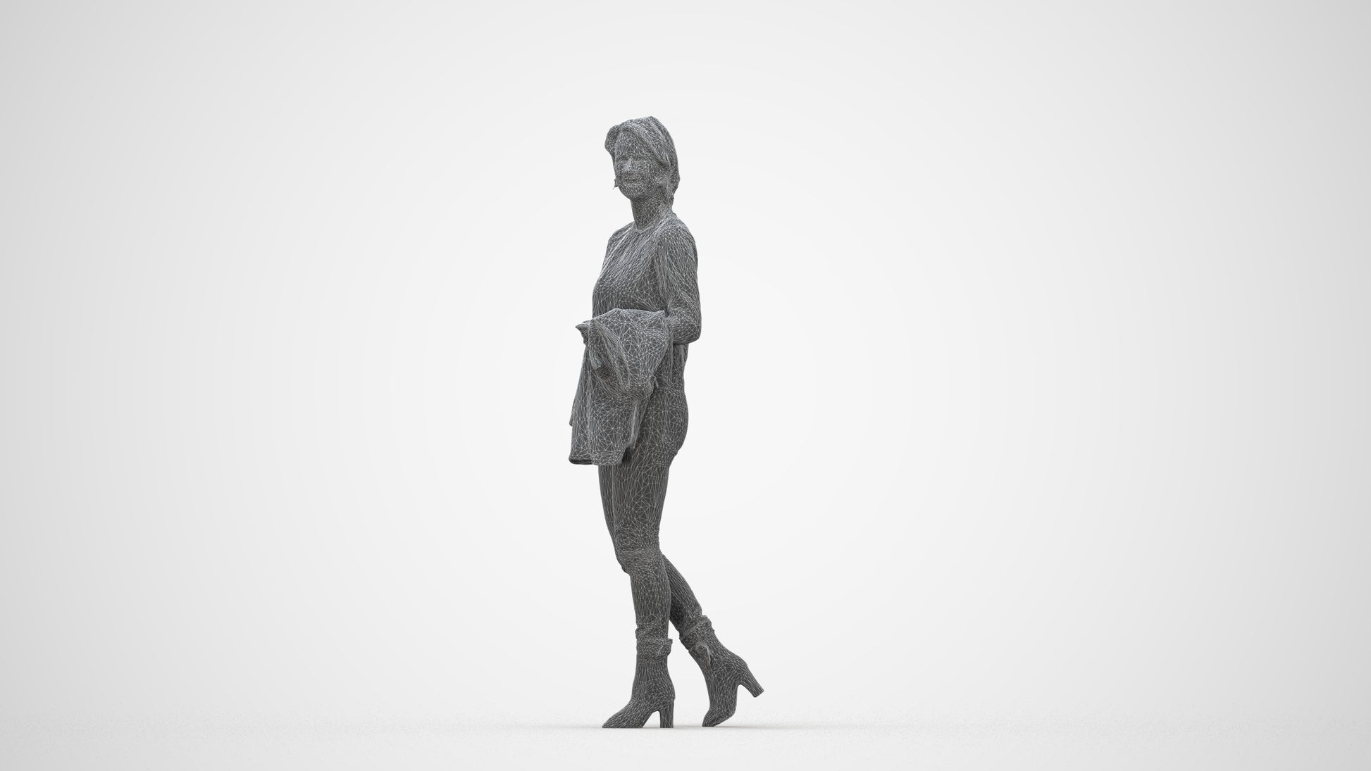 3D people model woman casual walking, scanned human for 3ds Max rendering, wireframe back view