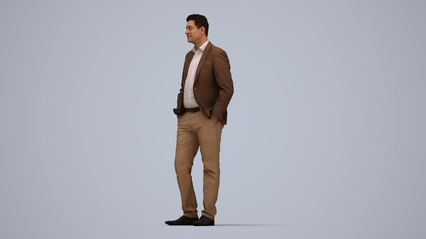 realistic 3D man business standing, scanned archviz people for Blender and 3ds Max, top-down view render
