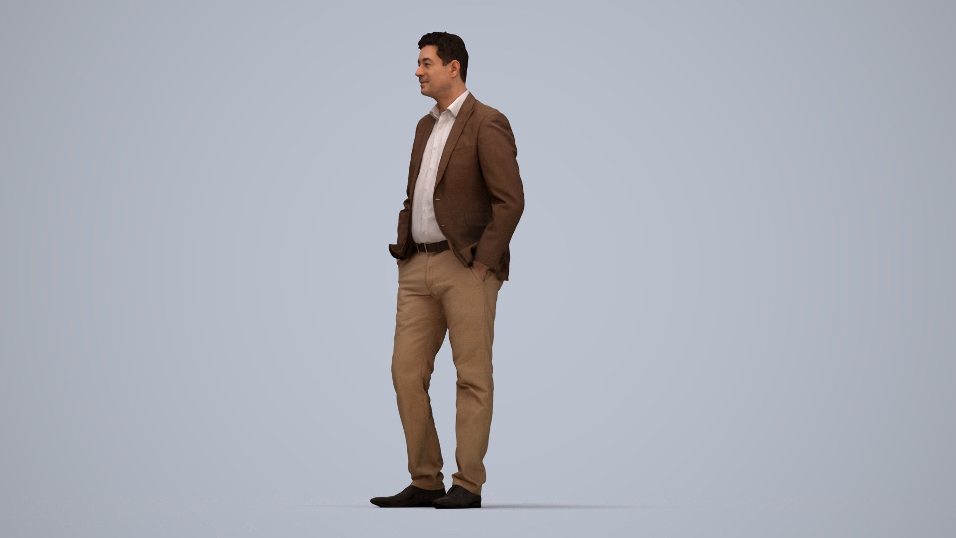 realistic 3D man business standing, scanned archviz people for Blender and 3ds Max, top-down view render