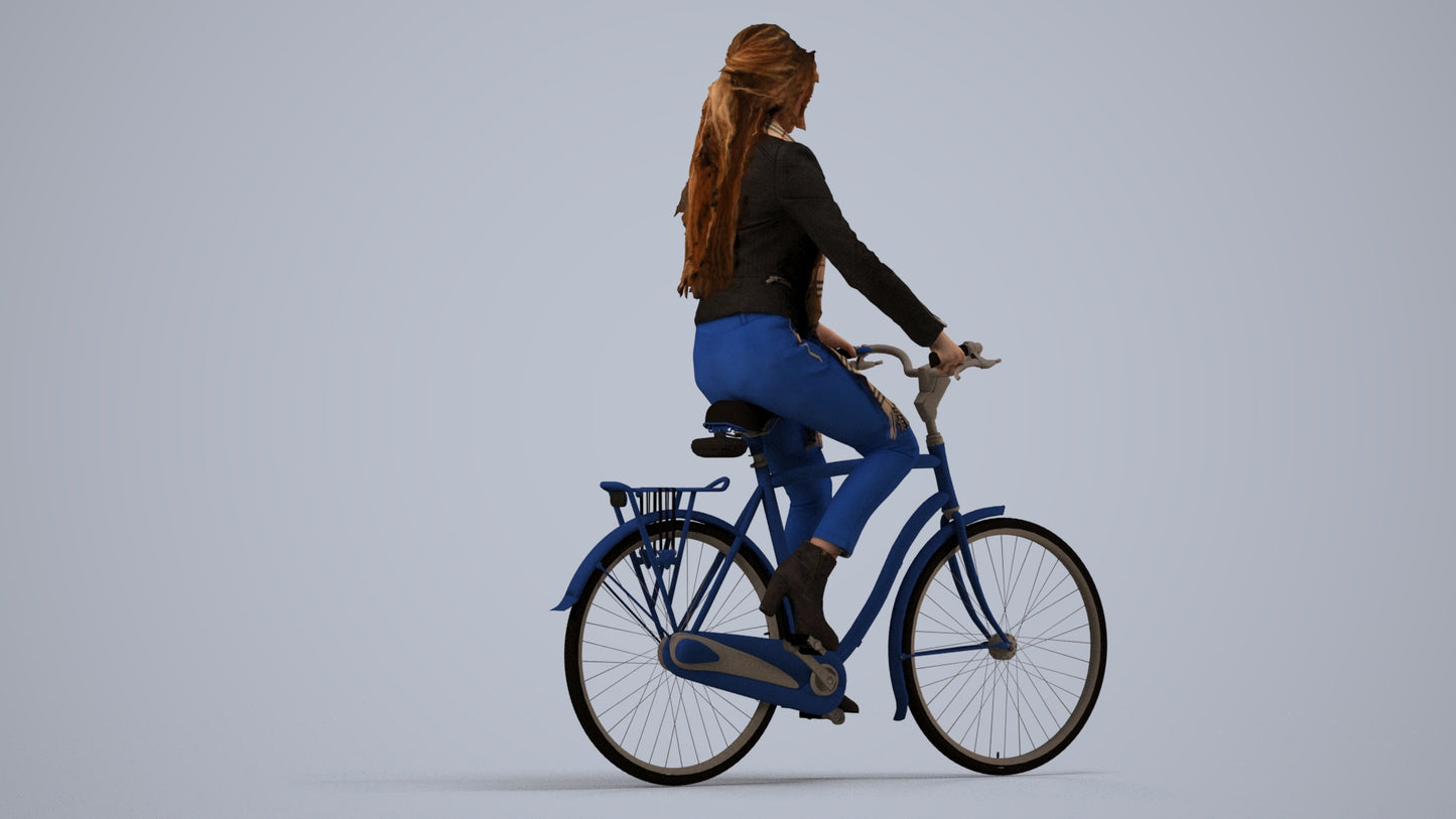 realistic 3D woman casual cycling, scanned archviz people for Blender and 3ds Max, side view render