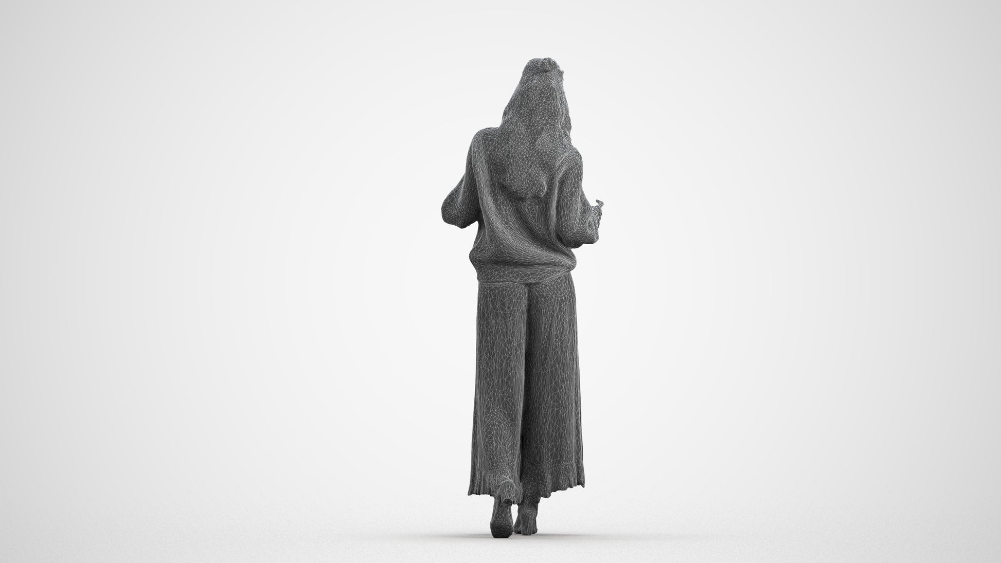 3D scanned woman standing casual, photorealistic archviz people for Enscape and SketchUp, wireframe front view
