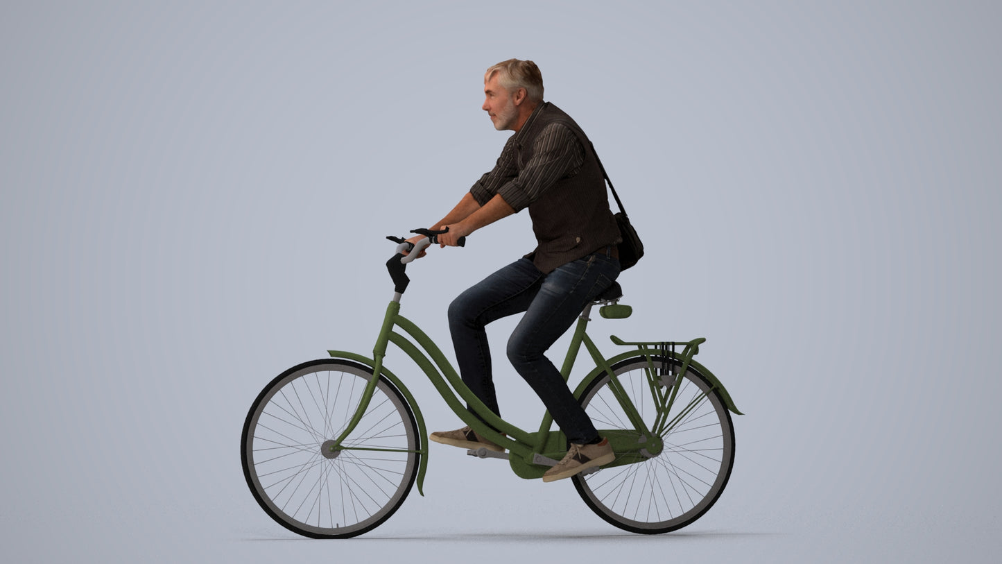 3D people model man casual cycling, scanned human for 3ds Max rendering, three-quarter view render