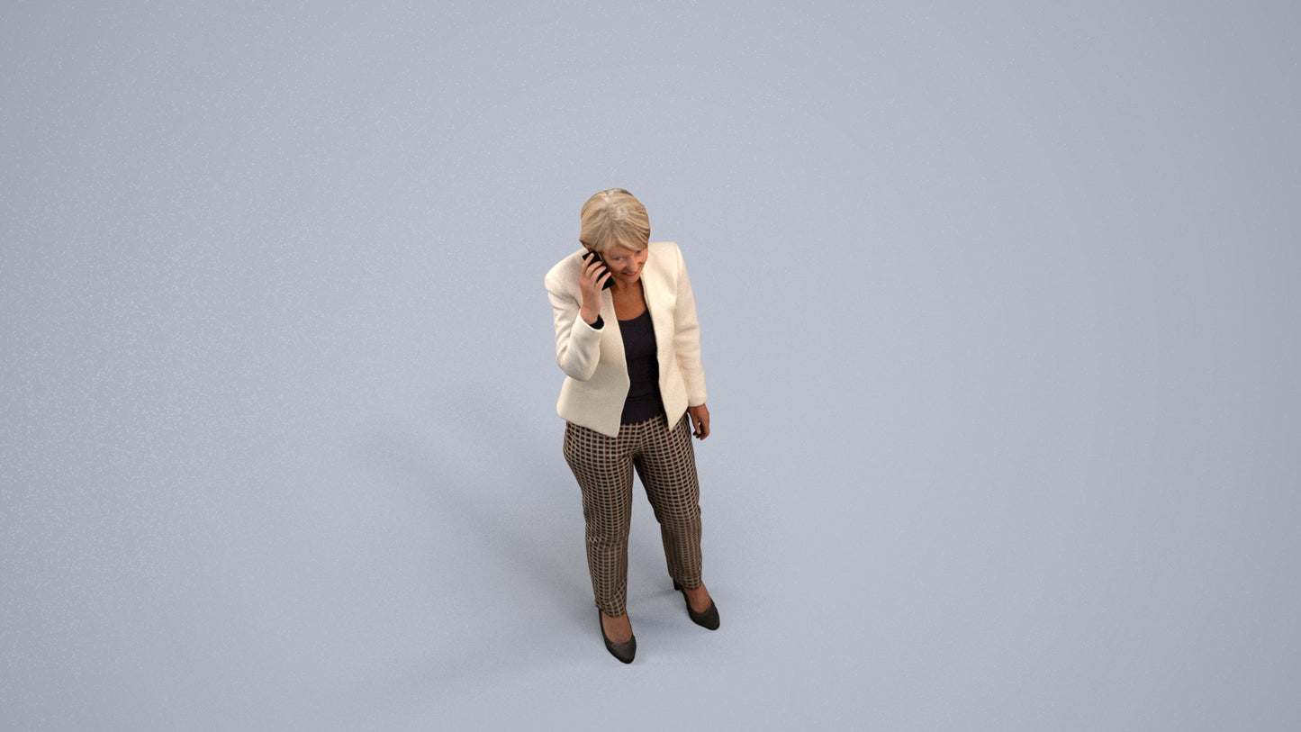 realistic 3D senior woman business standing, scanned archviz people for Blender and 3ds Max, back view render