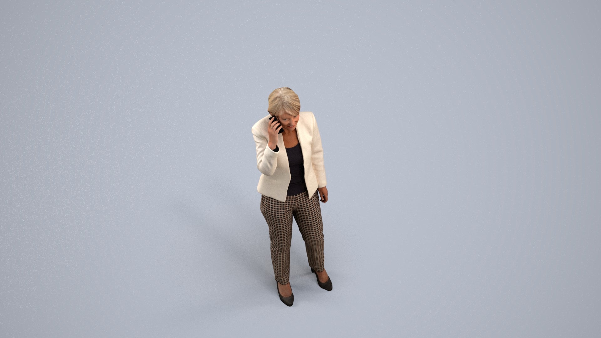 realistic 3D senior woman business standing, scanned archviz people for Blender and 3ds Max, back view render