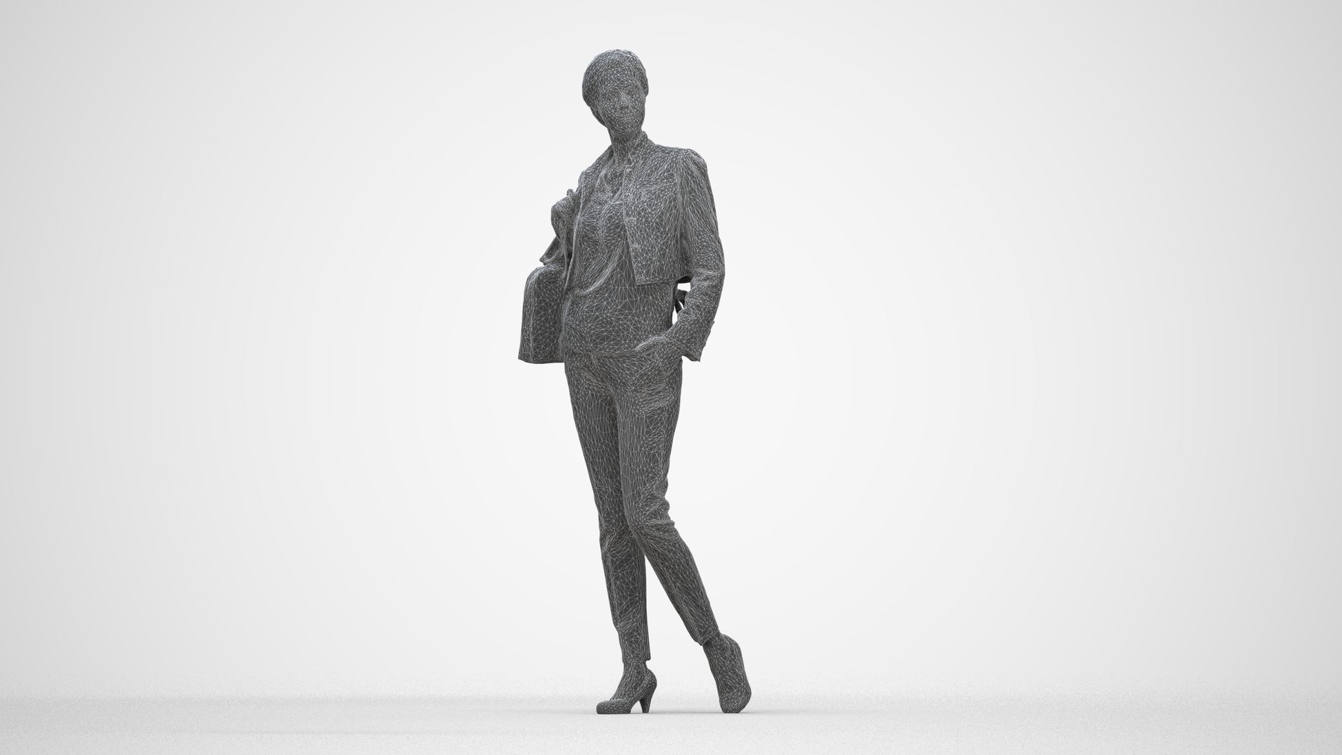 scanned 3D woman casual standing, photogrammetry people for Enscape and V-Ray, wireframe back view