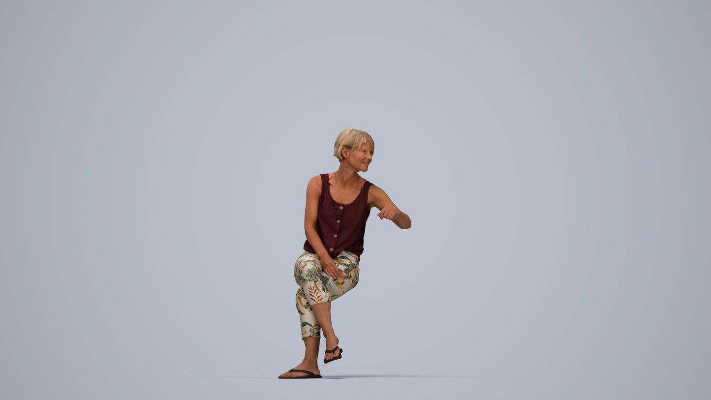 3D scanned senior woman sitting, photorealistic archviz people for Enscape and SketchUp, top-down view render