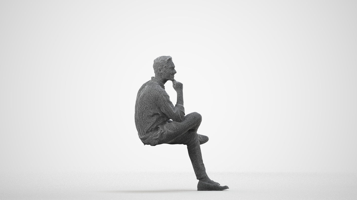 realistic 3D man casual sitting, scanned archviz people for Blender and 3ds Max, wireframe side view