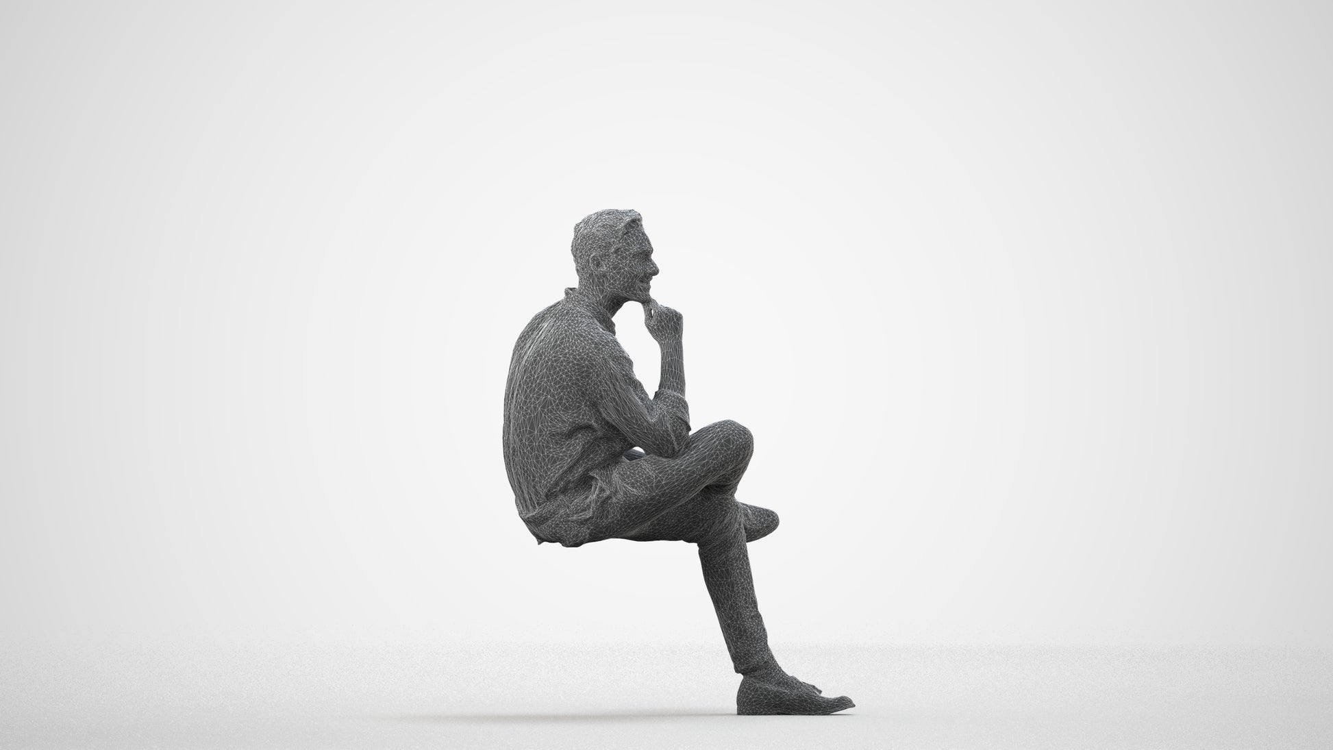 realistic 3D man casual sitting, scanned archviz people for Blender and 3ds Max, wireframe side view