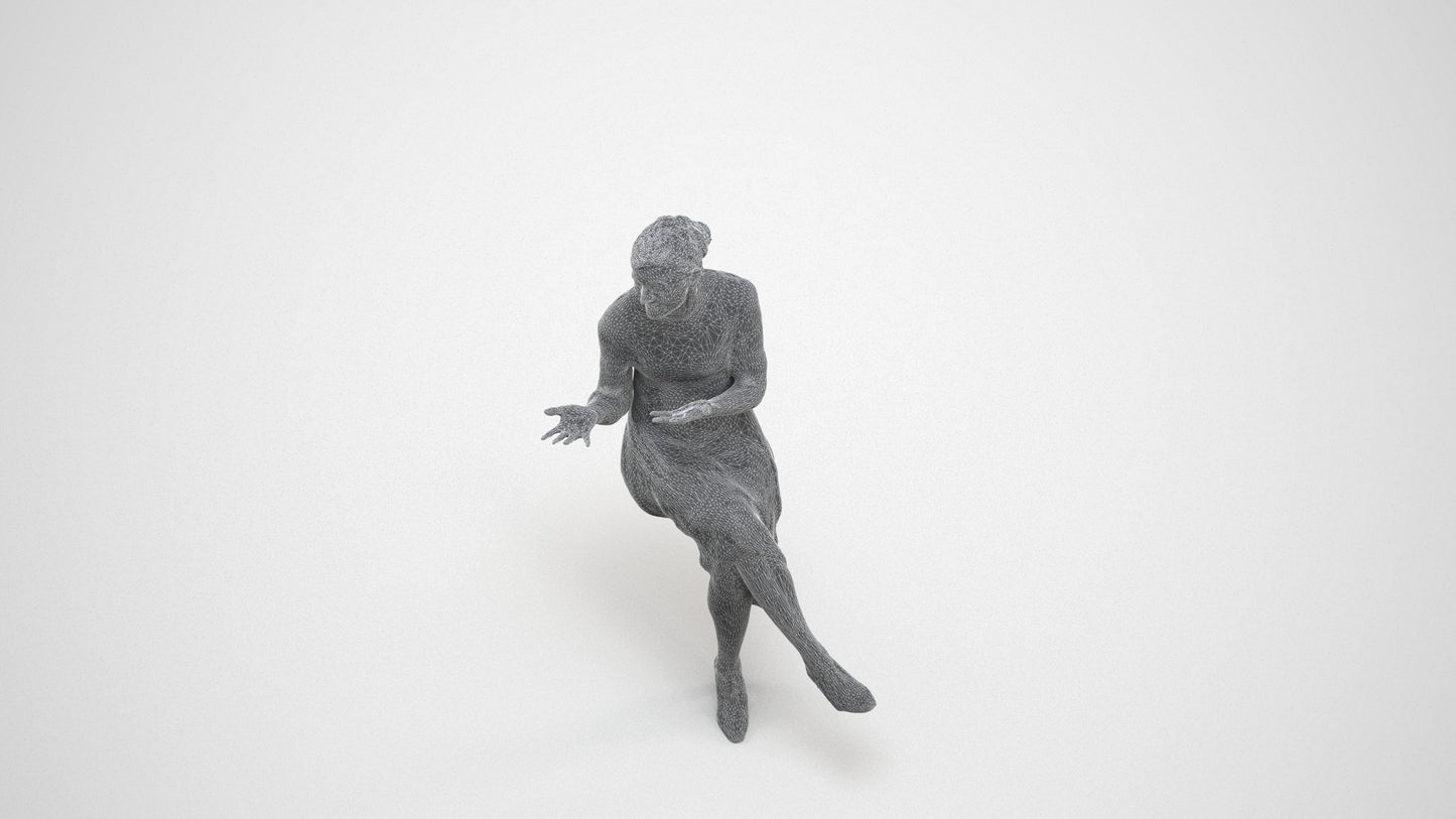 photogrammetry 3D woman business sitting, realistic human model archviz FBX, wireframe three-quarter view