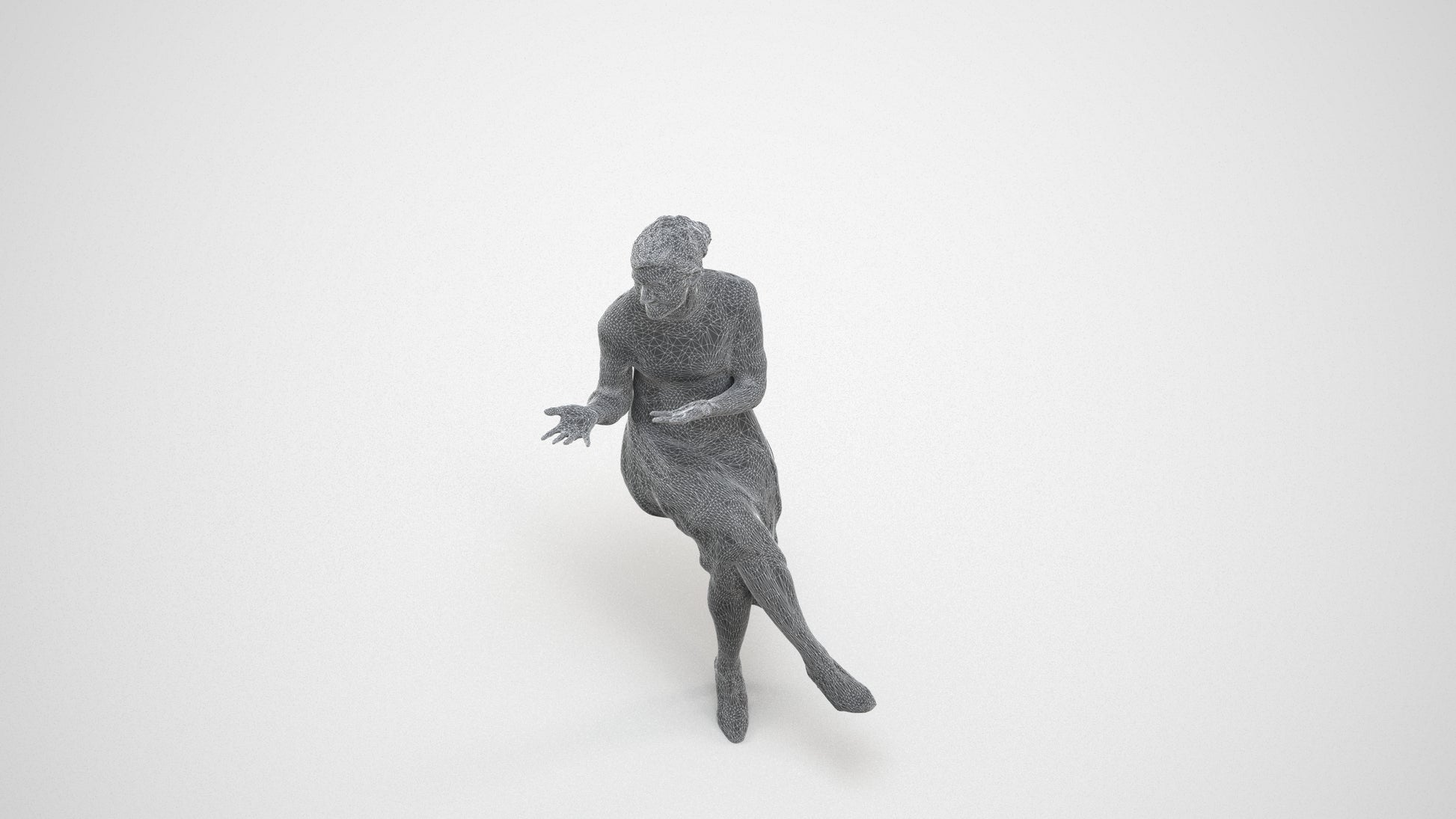 photogrammetry 3D woman business sitting, realistic human model archviz FBX, wireframe three-quarter view