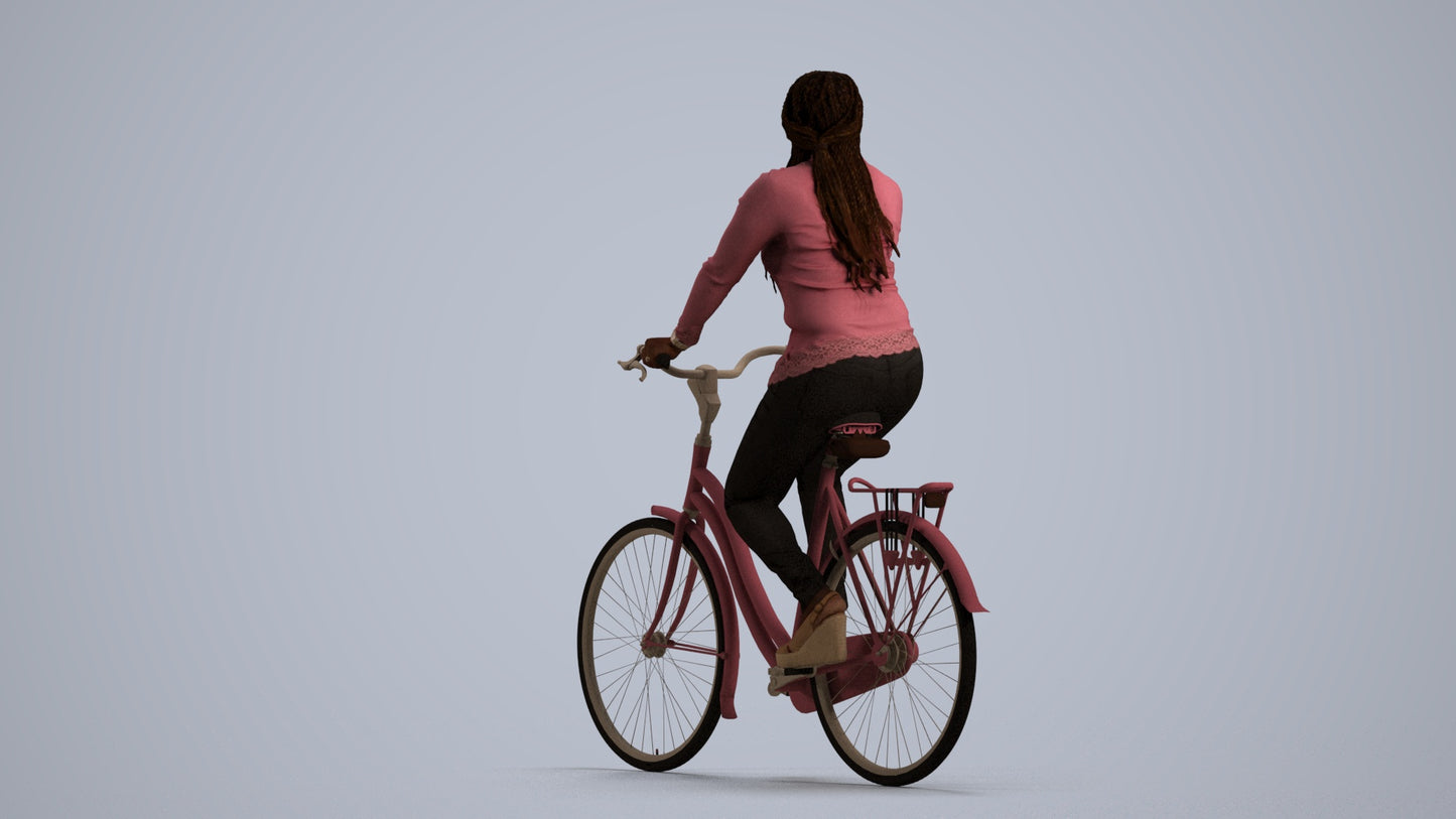 3D human model woman casual cycling, photogrammetry scanned person for archviz, front view render