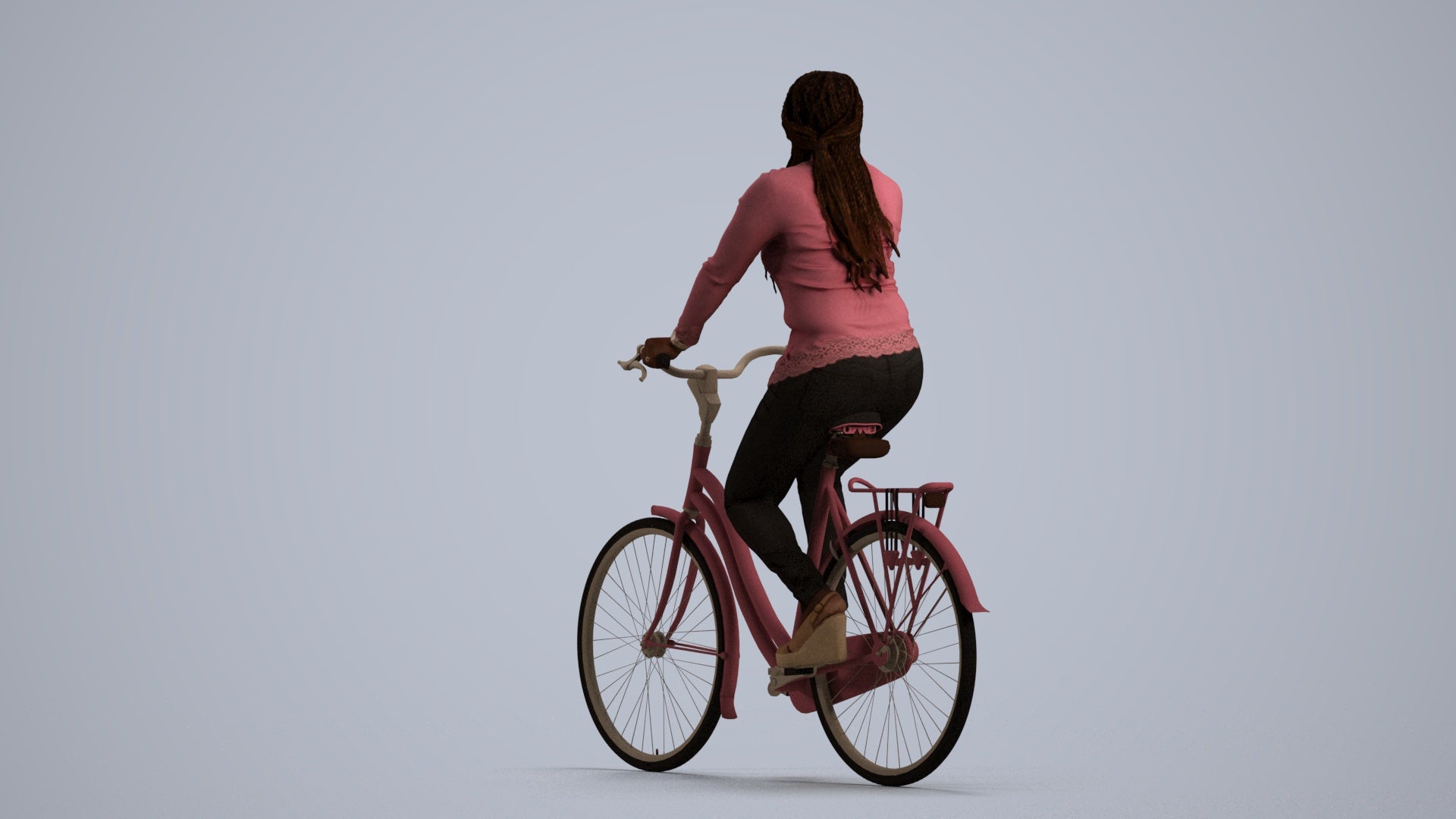 3D human model woman casual cycling, photogrammetry scanned person for archviz, front view render