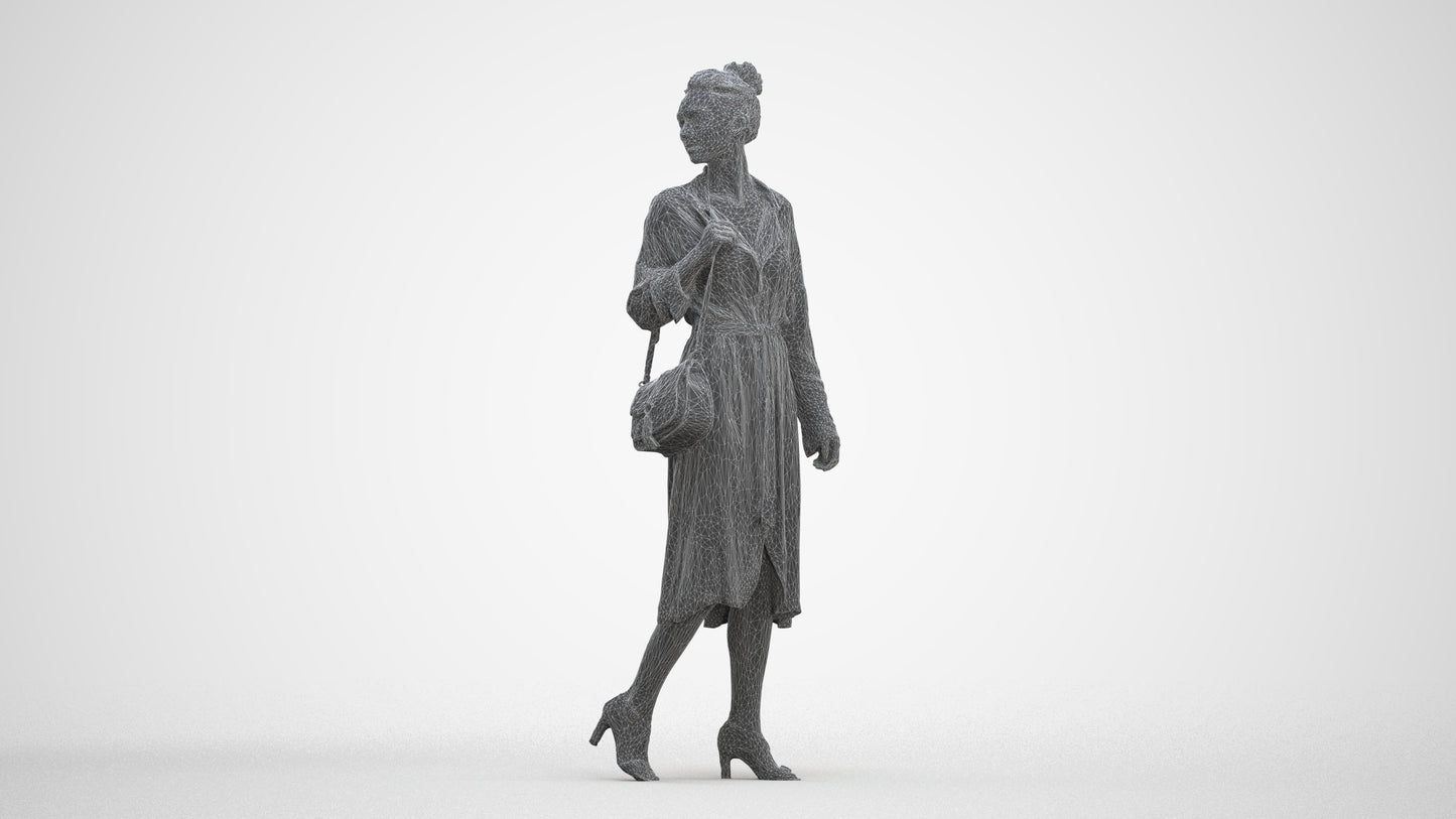 3D human model woman casual walking, photogrammetry scanned person for archviz, three-quarter front view render