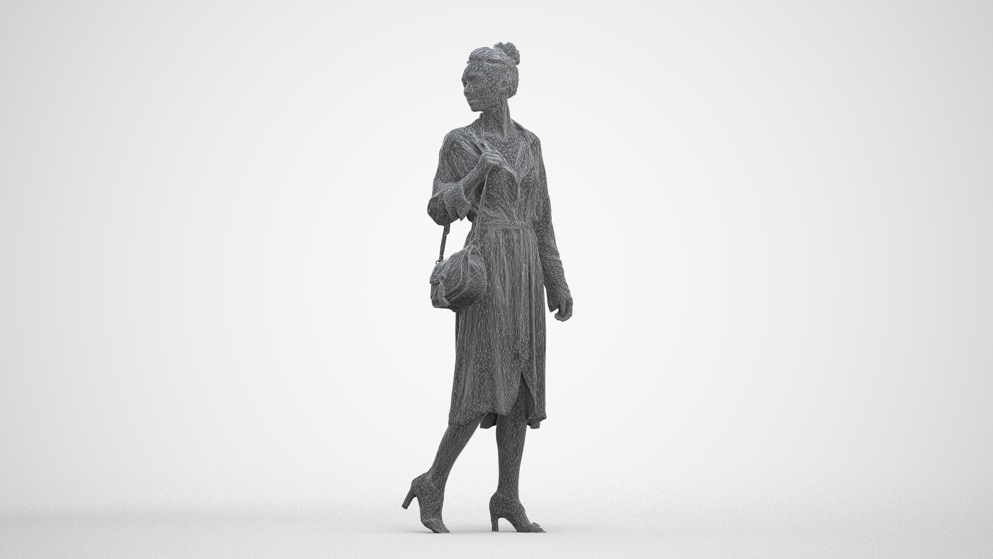3D human model woman casual walking, photogrammetry scanned person for archviz, three-quarter front view render
