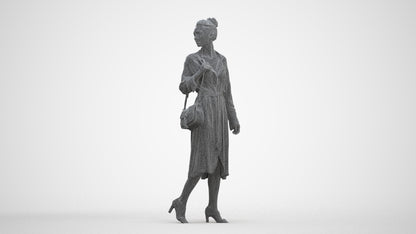 3D human model woman casual walking, photogrammetry scanned person for archviz, three-quarter front view render