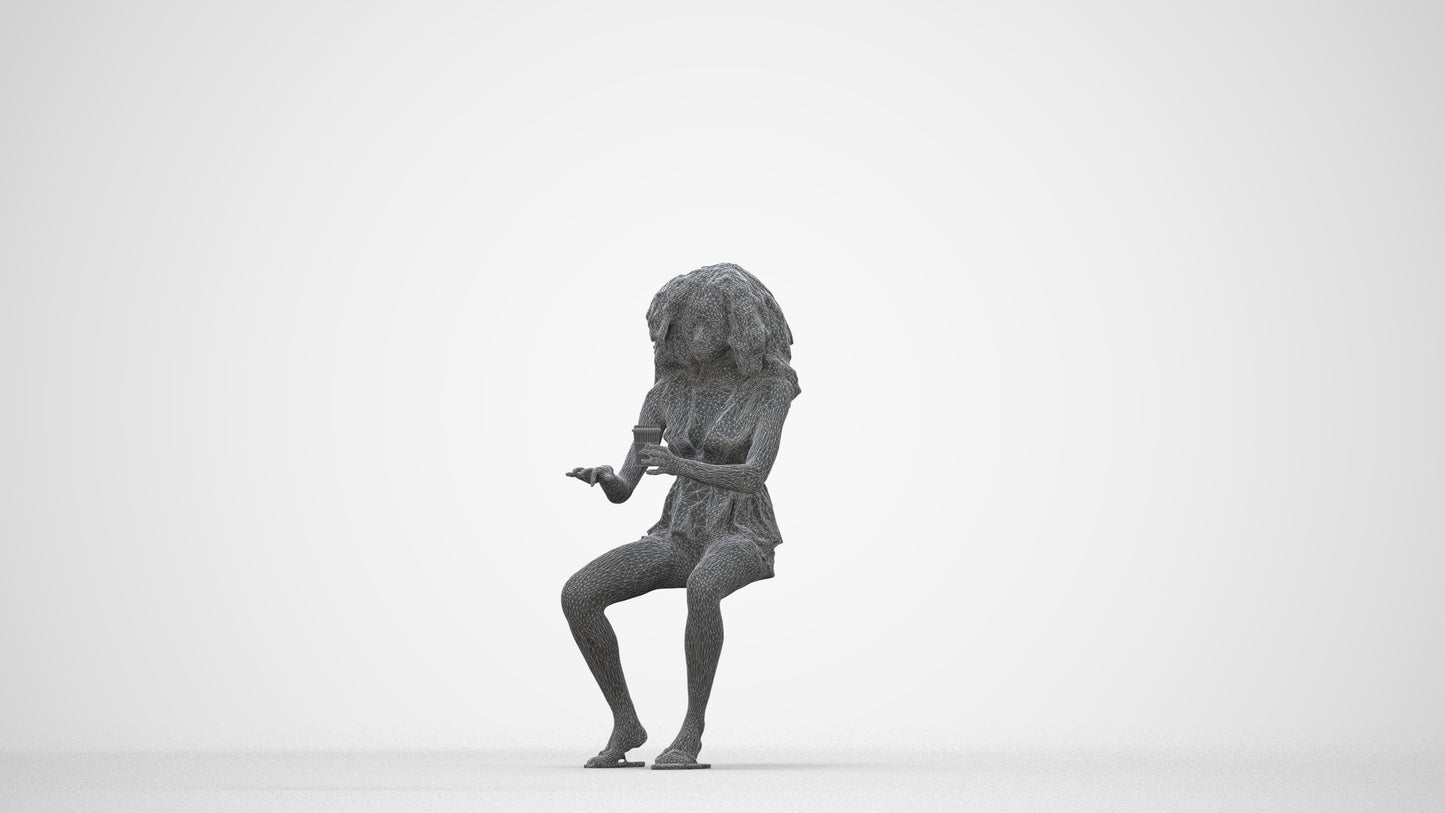 3D human model woman casual sitting, photogrammetry scanned person for archviz, wireframe back view