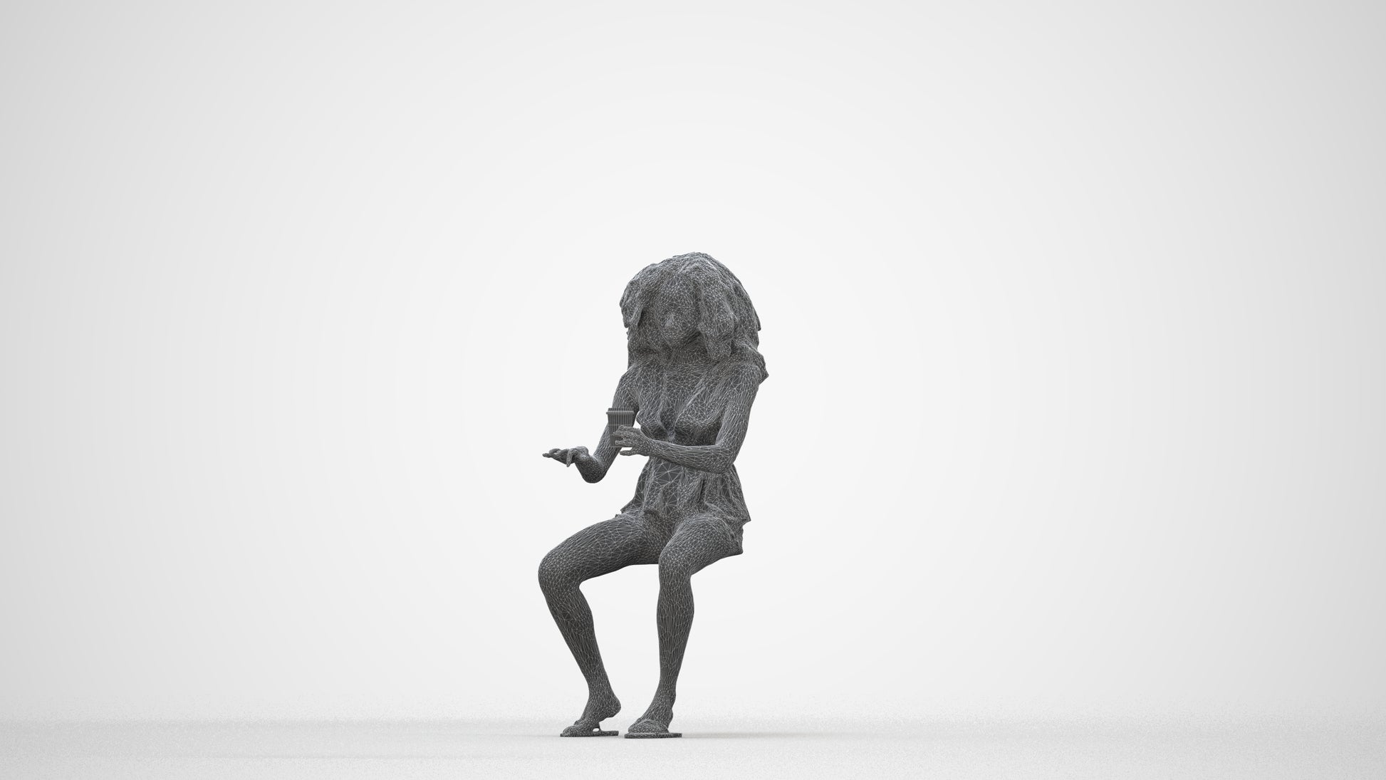 3D human model woman casual sitting, photogrammetry scanned person for archviz, wireframe back view