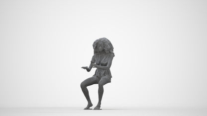3D human model woman casual sitting, photogrammetry scanned person for archviz, wireframe back view
