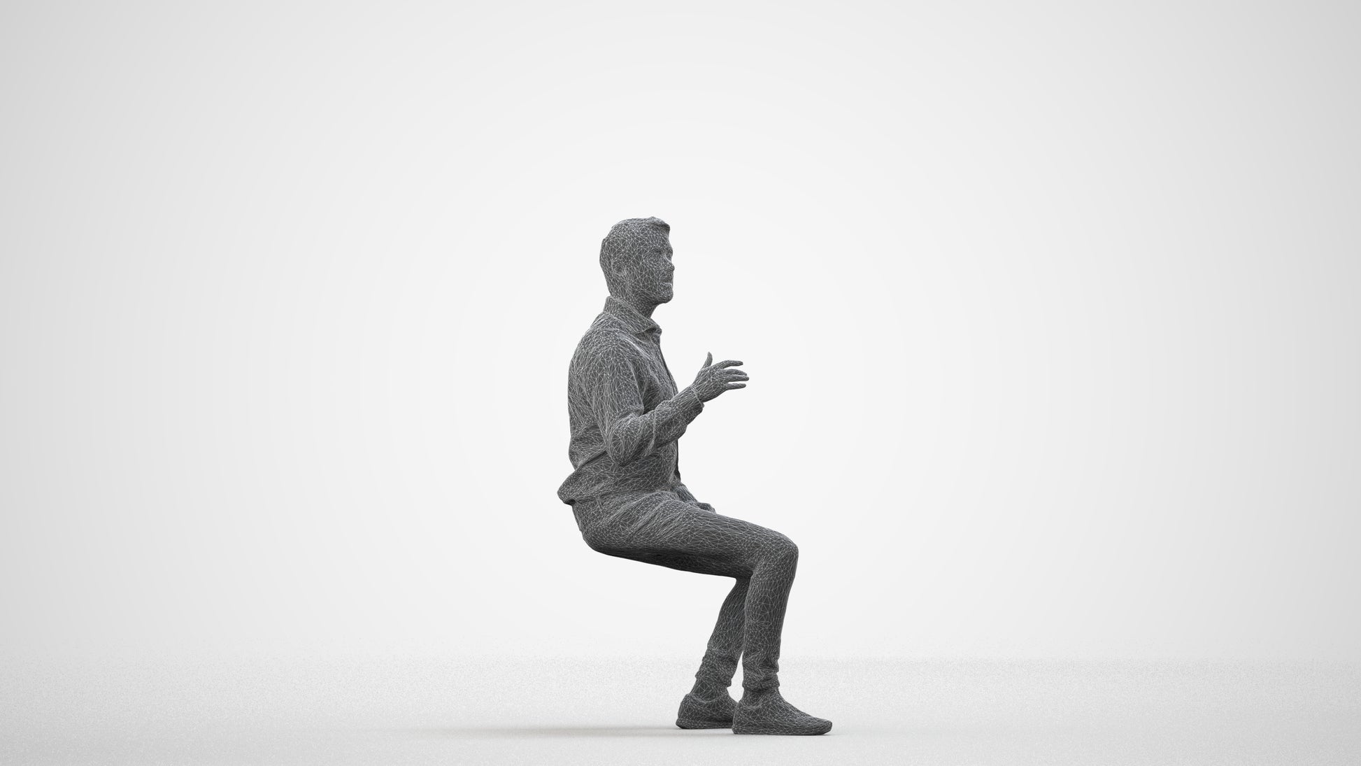realistic 3D man business sitting, scanned archviz people for Blender and 3ds Max, wireframe side view