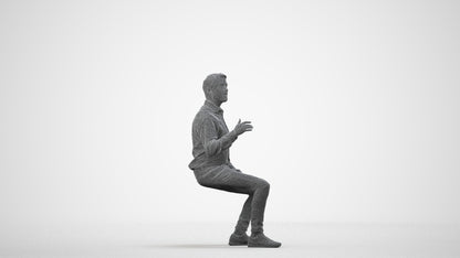 realistic 3D man business sitting, scanned archviz people for Blender and 3ds Max, wireframe side view