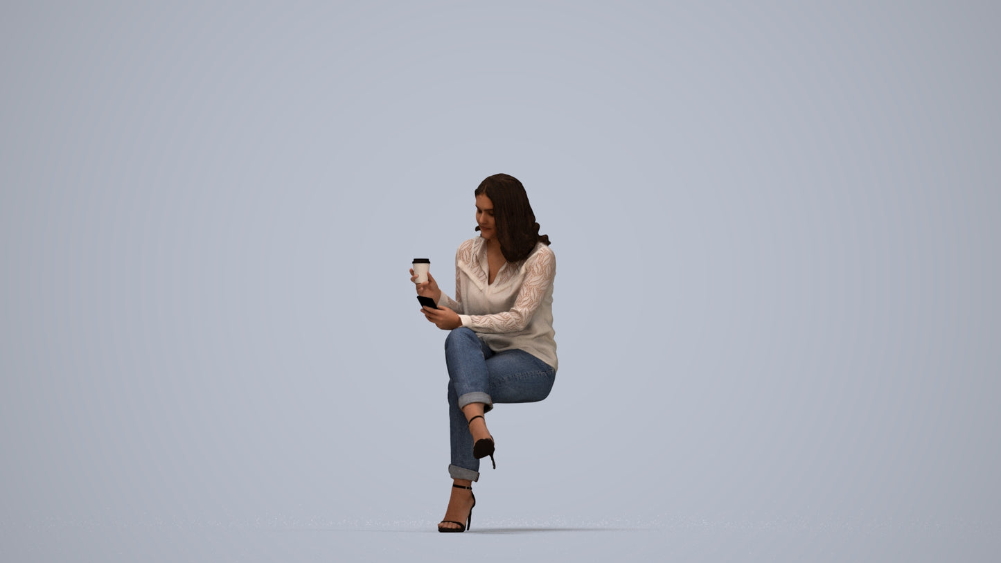 scanned 3D woman casual sitting, photogrammetry people for Enscape and V-Ray, top-down view render