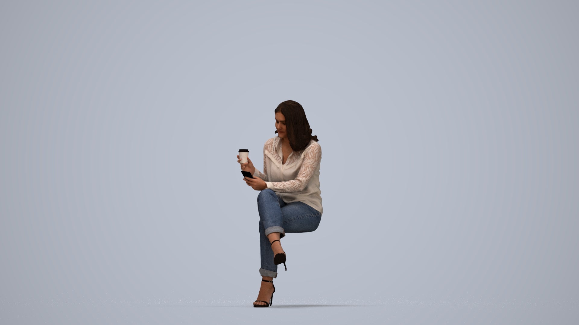 scanned 3D woman casual sitting, photogrammetry people for Enscape and V-Ray, top-down view render