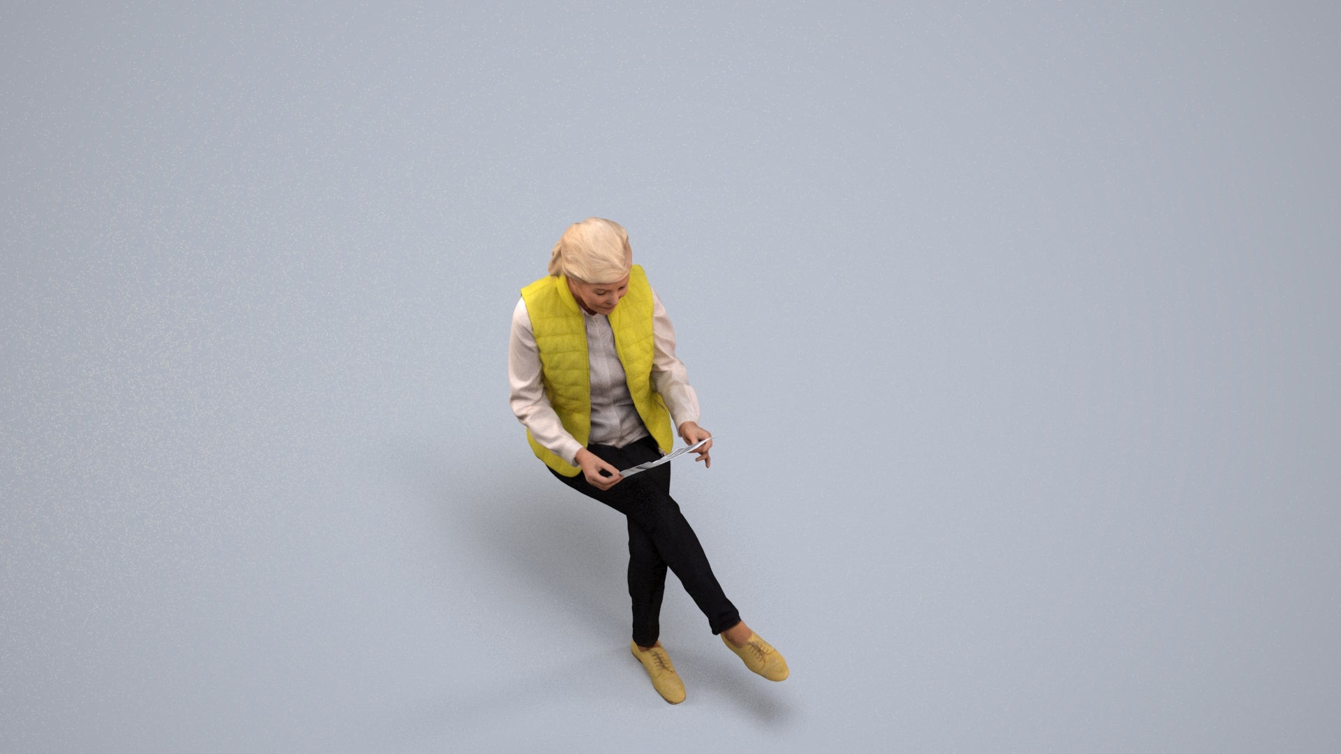 realistic 3D human senior woman casual sitting, archviz people FBX OBJ for Blender, back view render