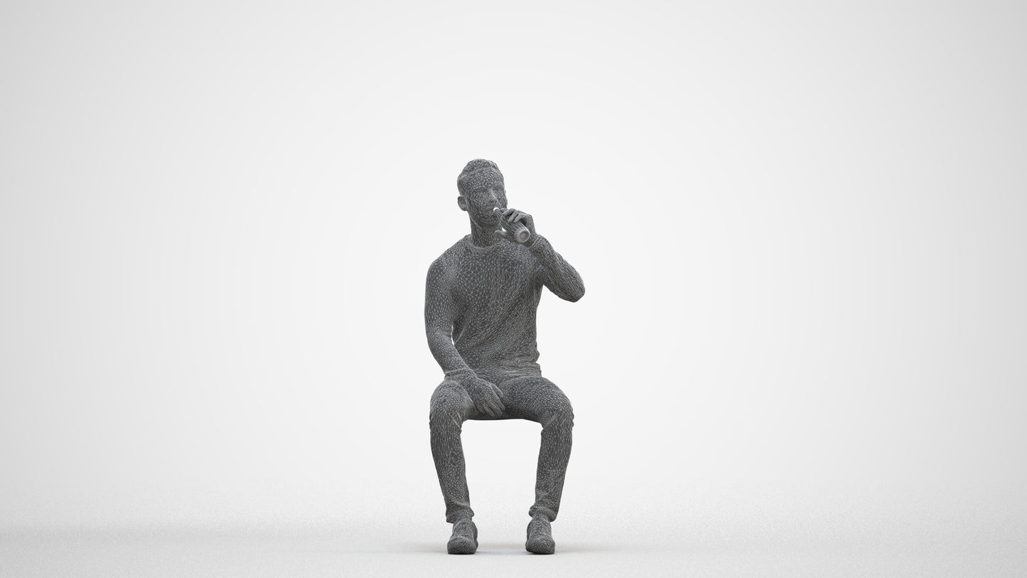 realistic 3D man casual sitting, scanned archviz people for Blender and 3ds Max, three-quarter front view render