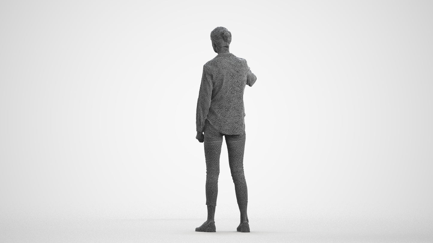 3D scanned senior woman standing casual, photorealistic archviz people for Enscape and SketchUp, wireframe front view