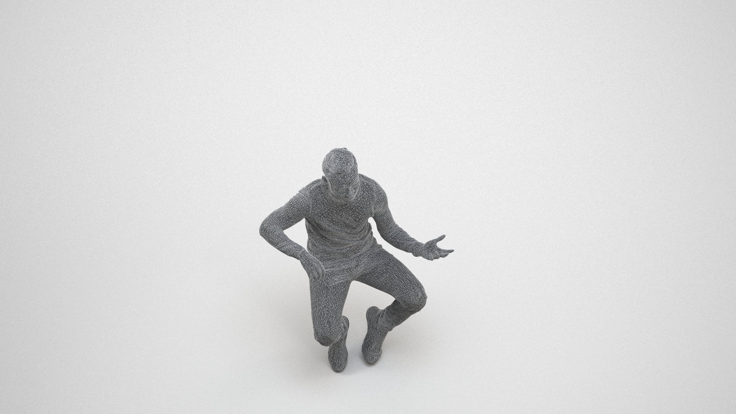 3D people model man casual sitting, scanned human for 3ds Max rendering, wireframe three-quarter view